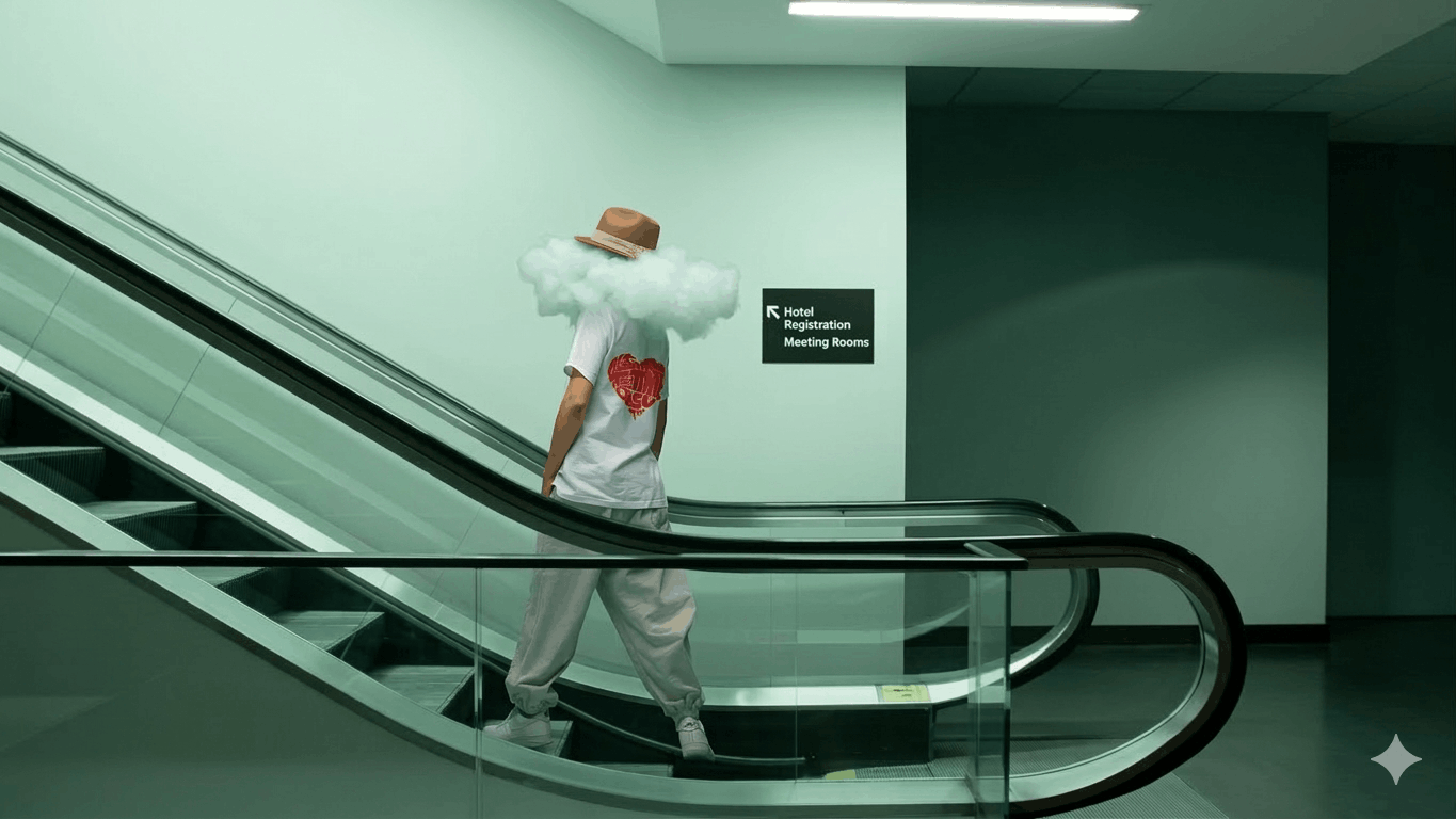 Woman on an escalator waring the Harry Styles Tribute t-shirt "kiss All The Time. Disco, Too."