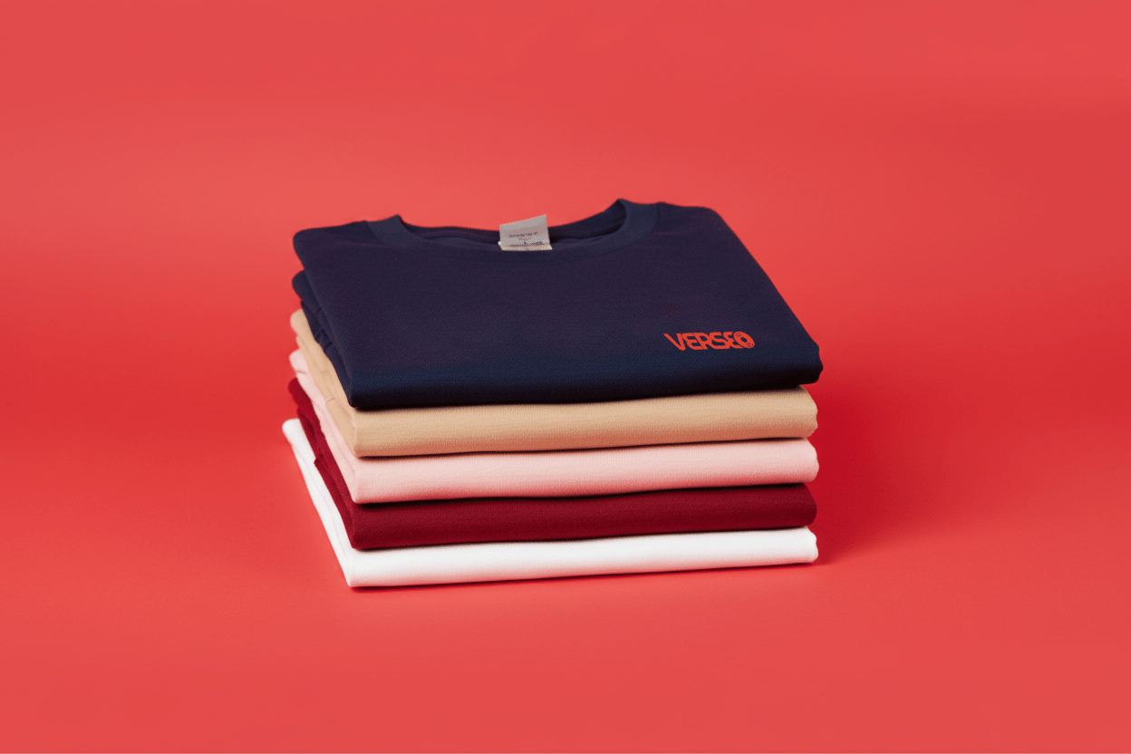 Stack of folded shirts with VERSEO logo on a red background