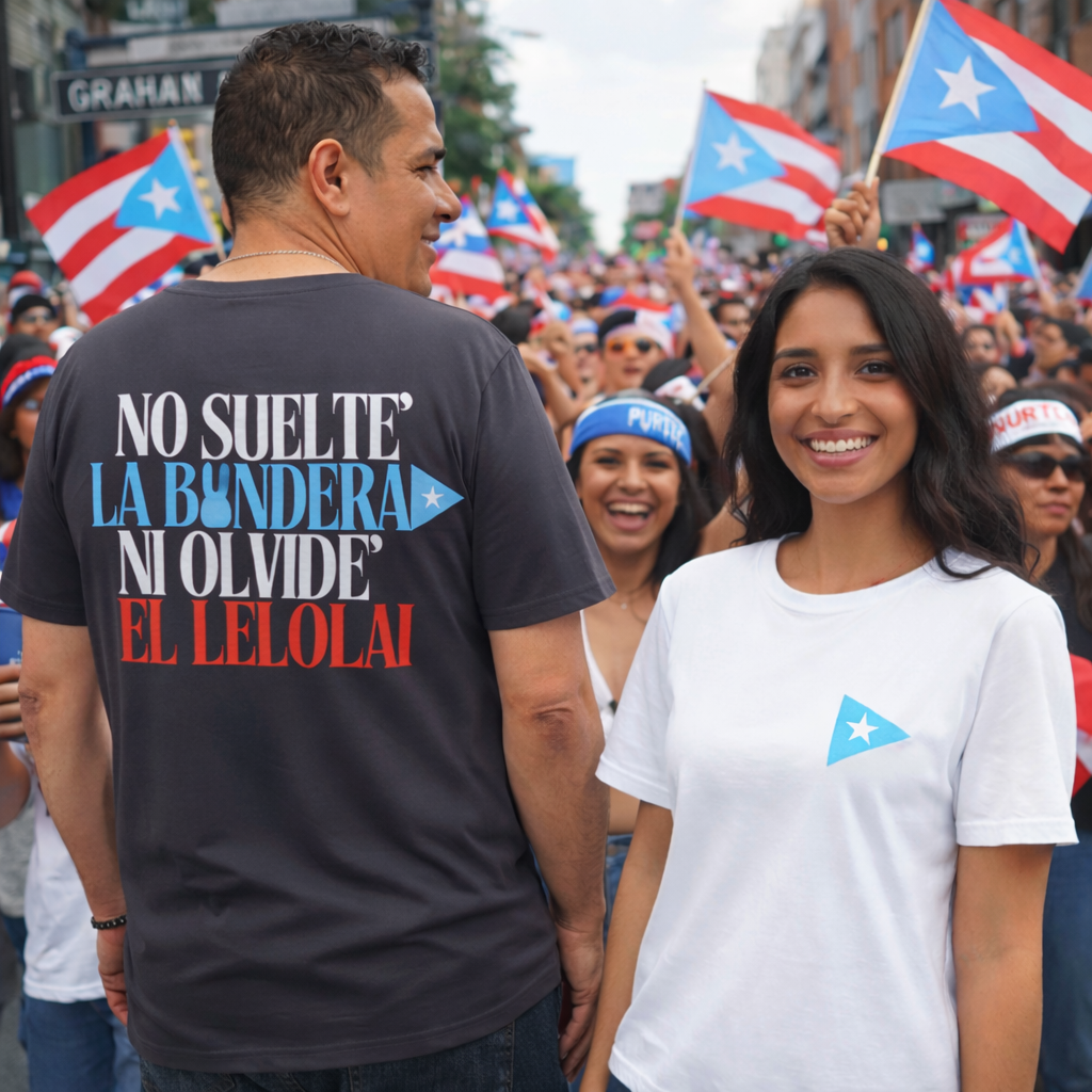 Smiling woman in a white Puerto Rican edition T-shirt faces the camera at a Graham Ave festival in Williamsburg, while a man in a grey “No Suelte La Bandera” tee stands with his back to the camera. Crowd waves sky-blue Puerto Rican flags