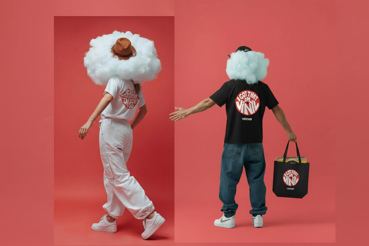 Two people wearing cloud-shaped hats  and VERSEO T-shirts against a red background